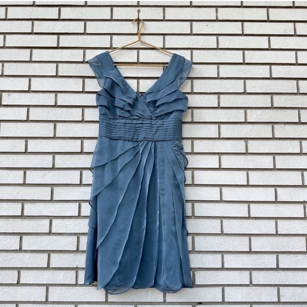 Adrianna Papell Tiered Chiffon Cocktail Dress Steel Gray Blue Formal Bridesmaid